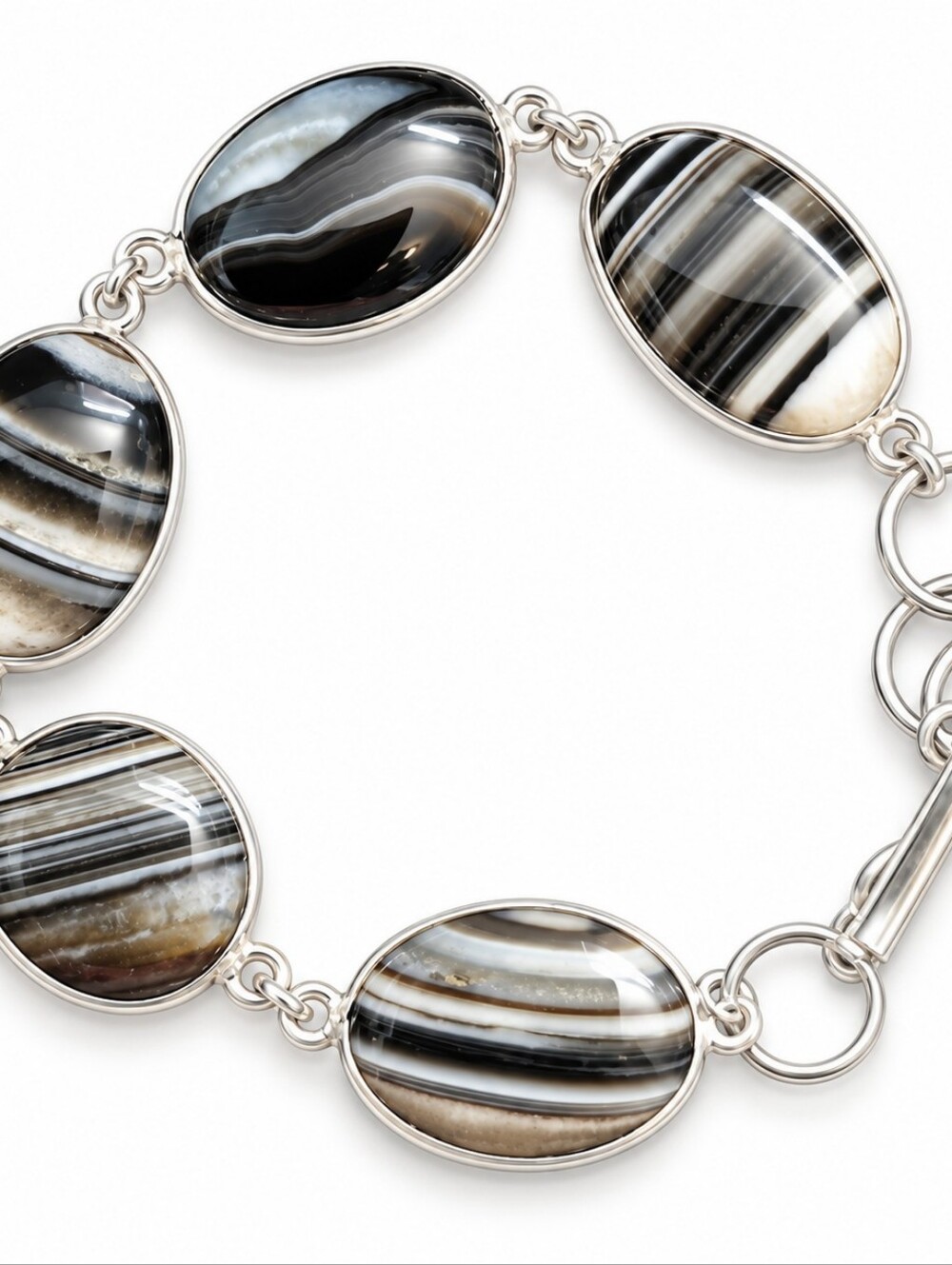 Natural Banded Agate Bracelet Silver Tone Black Gray White Oval Stones 7.5"